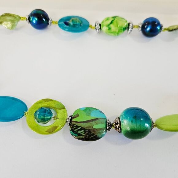 Chunky Double Strand Art Glass Blue Silver Accent Beaded Statement Bib Necklace - Picture 7 of 7